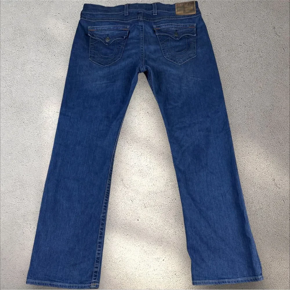 True Religion Jeans 42x32 Blue Ricky Relaxed Straight Dark Denim Flap Pocket Vtg